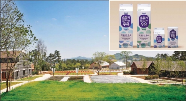 유기농 인증 요건을 갖춘 매일유업의 전북 고창 상하농원 모습. 작은 사진은 매일유업의 소화가 잘되는 우유 제품. 매일유업 제공 